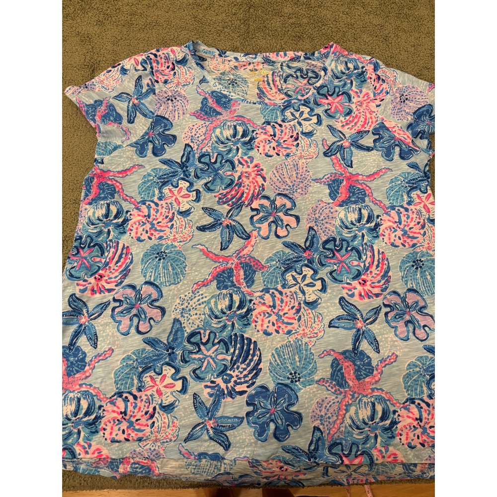 NWOT Lilly Pulitzer Etta Coastal Sea Life Starfish Slub Cotton Tee Blue Pink XXL